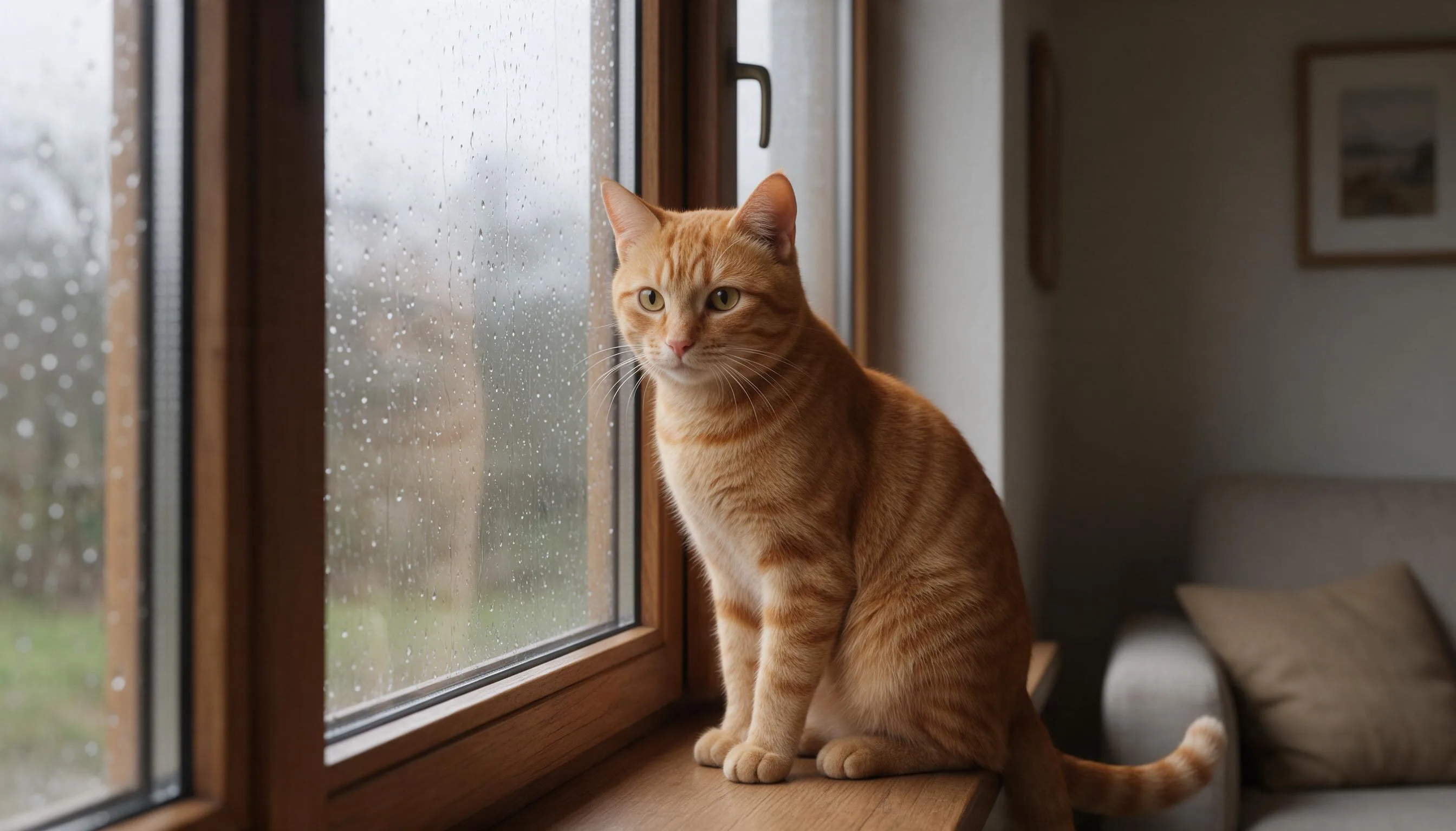 Orange cat sitting beside a rain-covered window, used to explain image-to-video.