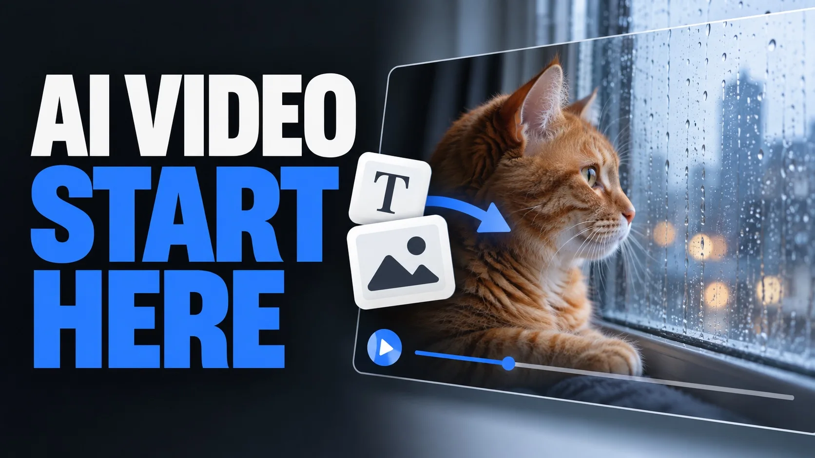 AI video beginner guide: text and image inputs lead to a cat video.