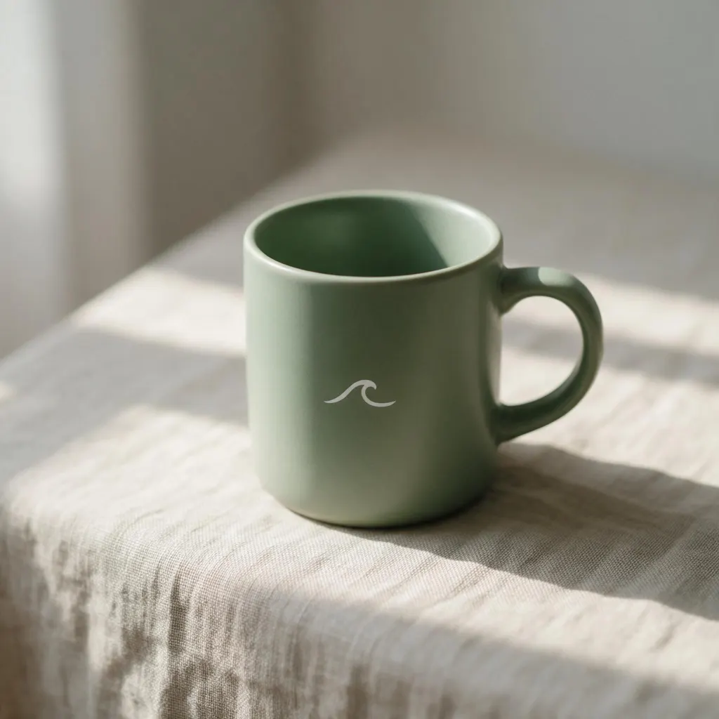 A sage green ceramic mug with a white wave logo, on linen