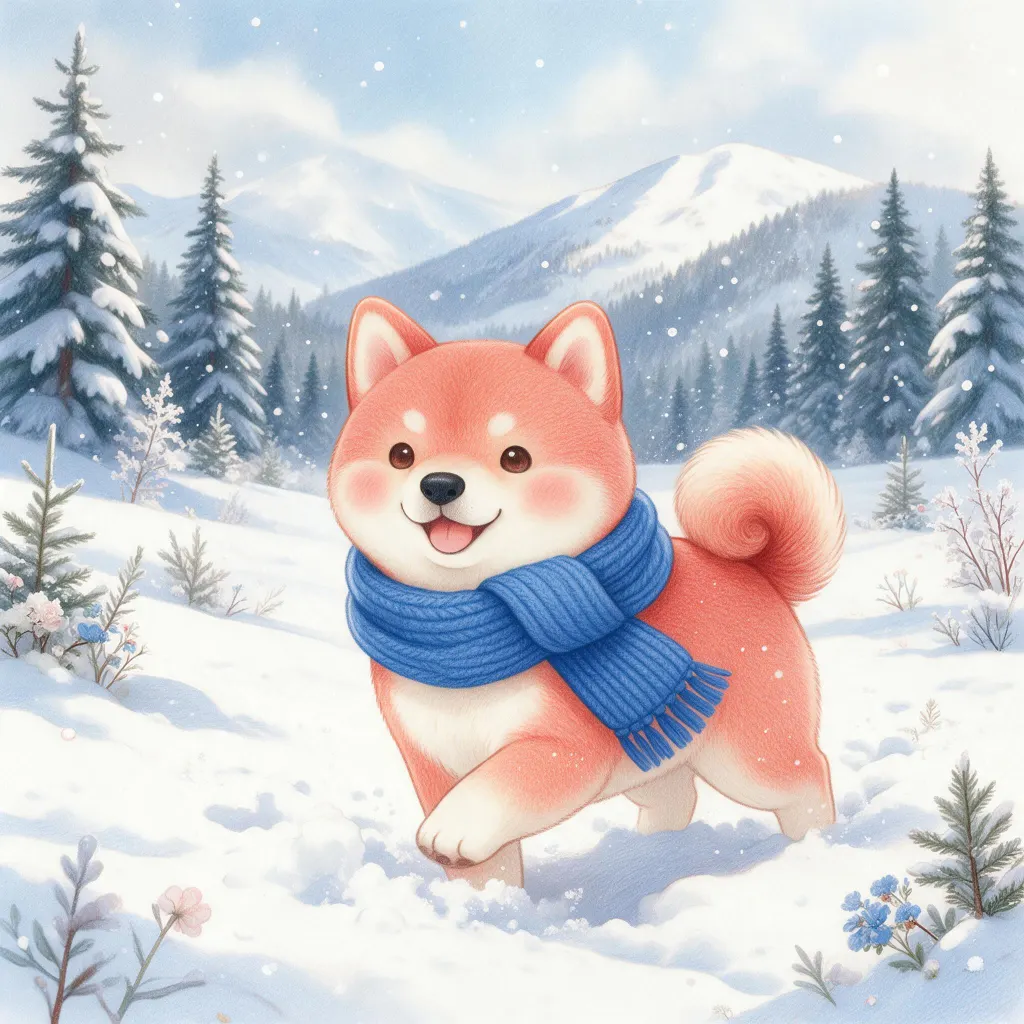 The same Shiba running in fresh snow